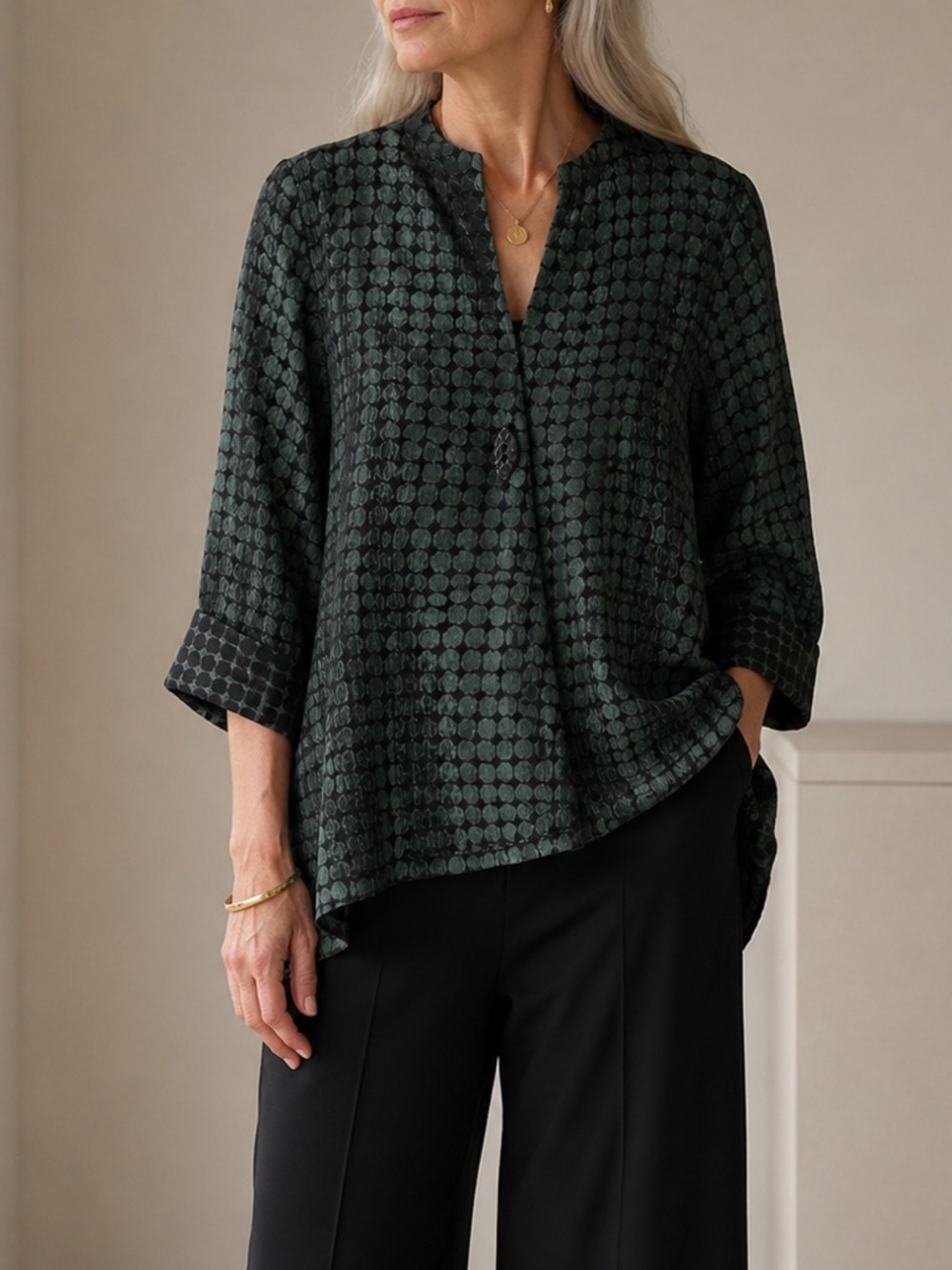 IC by Connie K Green & Black Textured Dot Tunic Top Made in USA Large